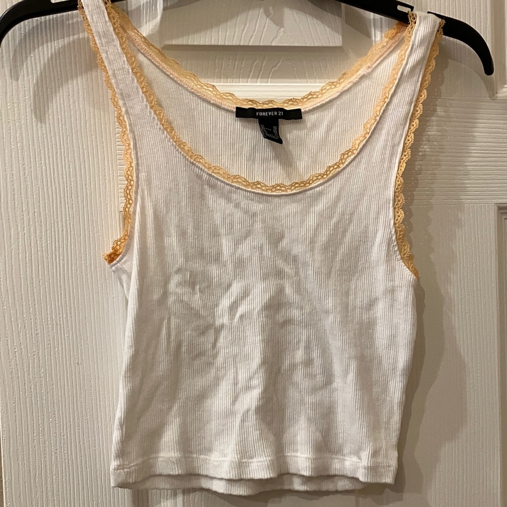 Forever 21 White Ribbed Tank with Pale Yellow Lace Trim